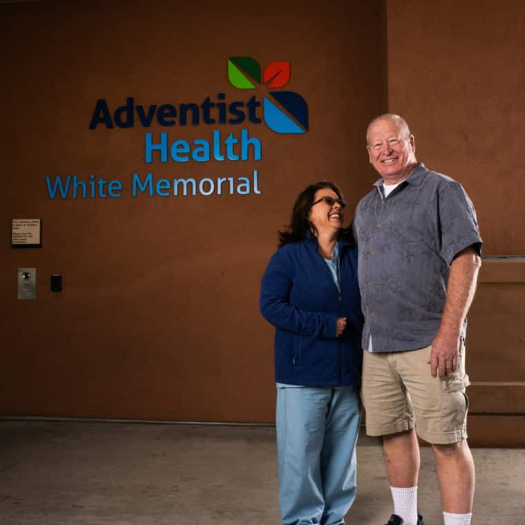 Debbie and Kenneth Schwartz at Adventist Health White Memorial courtyard. (Debbie is a nurse at Adventist Health White Memorial). 
