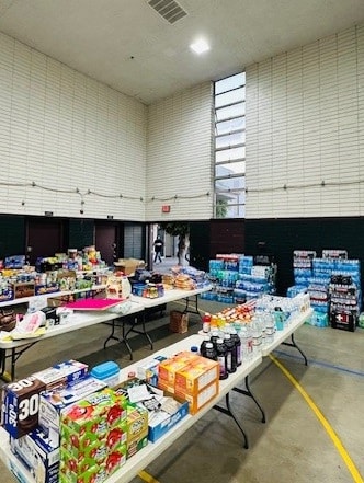Donated items are displayed on tables.