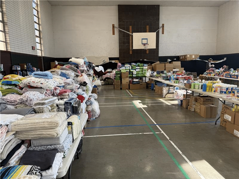 Donated items on tables.