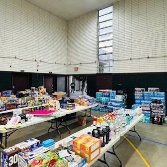 Donated items are displayed on tables.